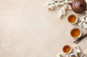 Elegant tea ceremony setup with teapot and flowers on neutral background photo