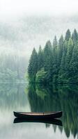 Stillness on a foggy lake with a wooden boat and dense forest photo