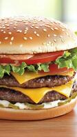 Delicious stacked burger with fresh ingredients and melted cheese ready to be enjoyed photo