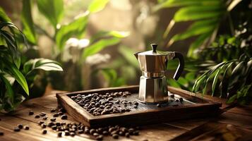Stovetop coffee maker surrounded by coffee beans and lush green plants in a cozy setting photo