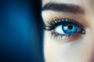 Close up of a womans captivating blue eye with detailed lashes and a soft glow photo