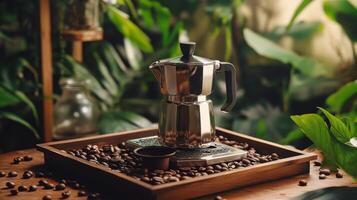 Stovetop coffee maker surrounded by coffee beans and lush green plants in a cozy setting photo