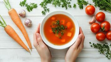 Fresh vegetable soup with vibrant ingredients and garnishing held by hands photo