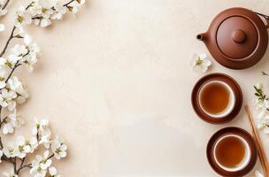 Elegant tea ceremony setup with teapot and flowers on neutral background photo