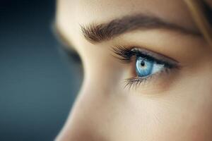 Close up of a womans captivating blue eye with detailed lashes and a soft glow photo