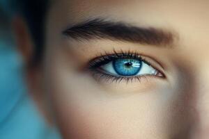 Close up of a womans captivating blue eye with detailed lashes and a soft glow photo
