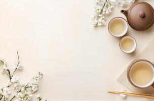 Elegant tea ceremony setup with teapot and flowers on neutral background photo