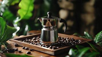 Stovetop coffee maker surrounded by coffee beans and lush green plants in a cozy setting photo