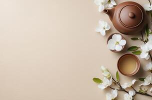 Elegant tea ceremony setup with teapot and flowers on neutral background photo