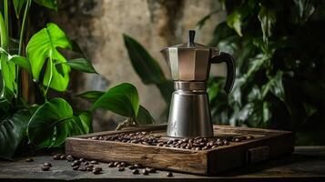 Stovetop coffee maker surrounded by coffee beans and lush green plants in a cozy setting photo