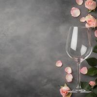 Elegant arrangement of wine glass with pink rose petals and fresh roses on dark surface photo