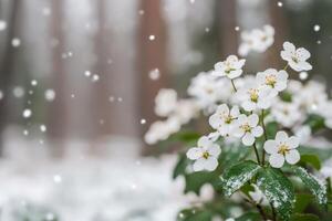 White flowers bloom on snowy ground as sunlight breaks through at dawn photo