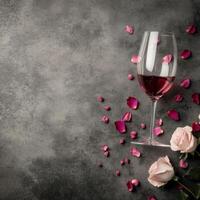 Elegant arrangement of wine glass with pink rose petals and fresh roses on dark surface photo