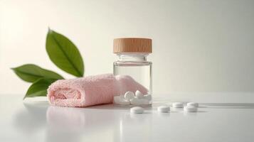 White tablets and a towel placed next to a glass jar on a clean surface photo