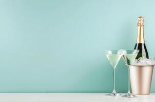 Elegant champagne setup with glass and ice bucket against a turquoise background photo