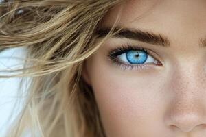 Close up of a womans captivating blue eye with detailed lashes and a soft glow photo