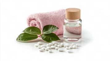 White tablets and a towel placed next to a glass jar on a clean surface photo