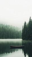 Stillness on a foggy lake with a wooden boat and dense forest photo
