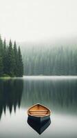 Stillness on a foggy lake with a wooden boat and dense forest photo