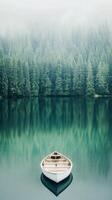 quietud en un brumoso lago con un de madera barco y denso bosque foto
