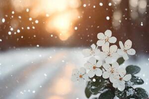 White flowers bloom on snowy ground as sunlight breaks through at dawn photo