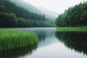 Tranquil lake surrounded by lush greenery and foggy mountains during early morning hours photo