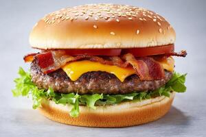 Juicy cheeseburger topped with crispy bacon and fresh lettuce on a sesame seed bun photo