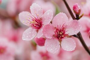 Blossoming cherry flowers in soft pink hues against a serene blue background photo