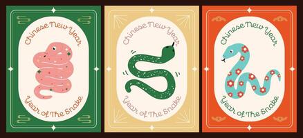 collection Chinese New Year 2025 Year of the Snake. Cute snake illustrations, vertical design, cards, and banners. Chinese designs featuring snakes. Lunar New Year concept, fun cartoon modern style vector