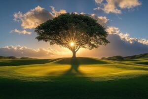Sunlight filters through a large tree on a grassy hill at sunset in a serene landscape photo