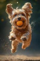 Happy dog joyfully leaps in the air while chasing a bright orange ball in an outdoor setting photo