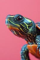 A turtle basking under vibrant pink colors in an artistic representation of its environment photo