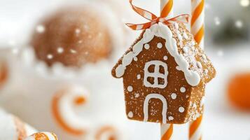 Gingerbread house decoration with candy cane against a light background for festive celebrations photo