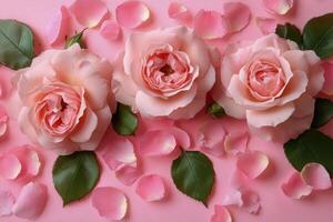 Soft pink roses arranged with petals on a light pink surface for a romantic occasion photo