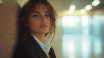 A confident young woman poses elegantly in a tailored suit against a subtle backdrop indoors photo