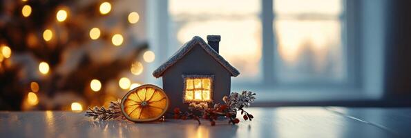 A cozy winter setting featuring a miniature house and dried orange slice near a Christmas tree photo