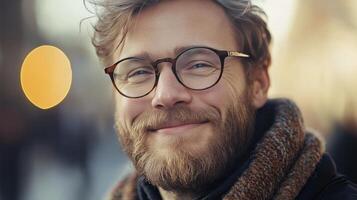 A happy man with glasses smiles warmly while standing outdoors during the golden hour photo