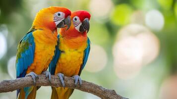 Colorful birds perched on a branch during a sunny day in a vibrant natural setting photo