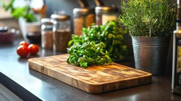 Cozy kitchen with wooden countertop, stove, and various jars in a warm, inviting setting photo