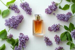 Perfume bottle surrounded by lilac flowers on a bright white background in springtime photo