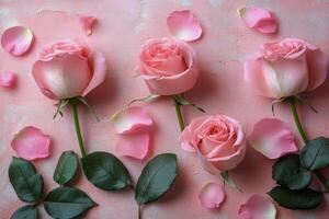 Soft pink roses arranged with petals on a light pink surface for a romantic occasion photo