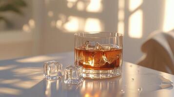 A glass of whiskey with ice cubes on a reflective surface during a social gathering photo