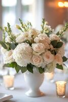 Elegant white flower arrangement in a decorative vase at a wedding reception table setting photo
