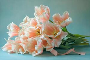 Fresh pink tulips arranged in a bouquet on a blue background with a delicate ribbon photo