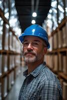 Warehouse manager assesses inventory in a large storage facility during daylight hours photo
