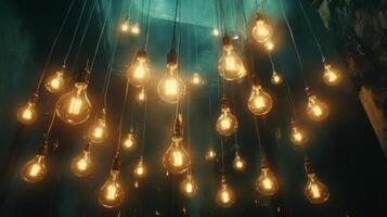 Unique installation of hanging light bulbs creating a warm glow in an industrial space at night photo