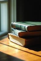 A vintage book resting on a wooden stump in a softly lit interior setting during daylight photo