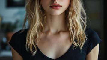 A young woman with long hair poses confidently against a dark backdrop in a stylish outfit photo