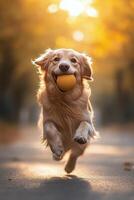 Happy dog joyfully leaps in the air while chasing a bright orange ball in an outdoor setting photo
