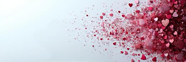 Colorful heart shaped confetti dispersing across a light background in a festive celebration photo